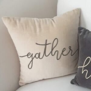 Primitives by Kathy GATHER Embroidered Creme Velvet 12x12 Square Throw Pillow